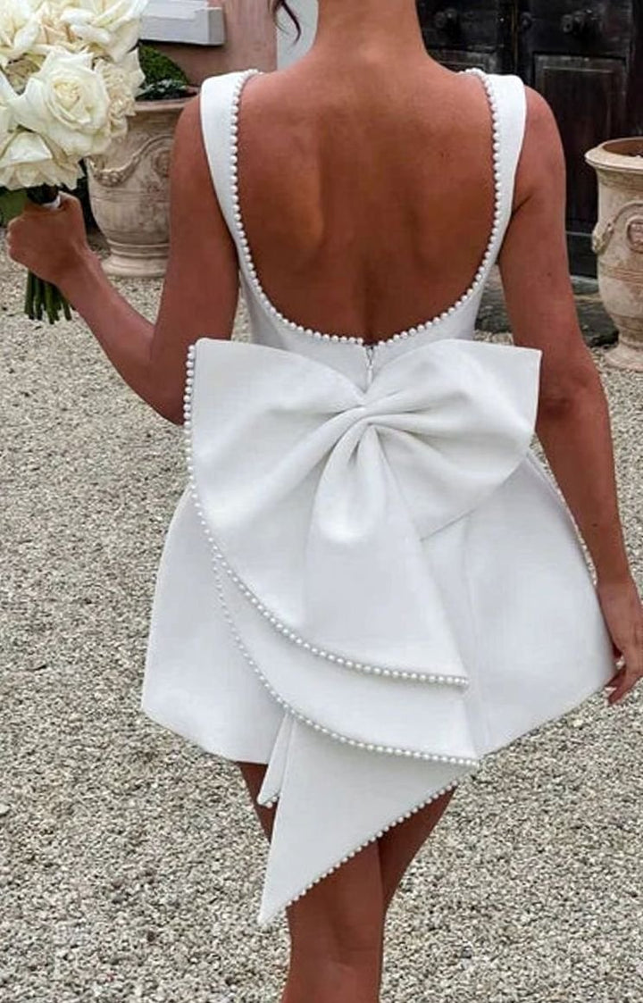 Women's Elegant Pearl-Trim Bow-Detail Formal Mini Dress
