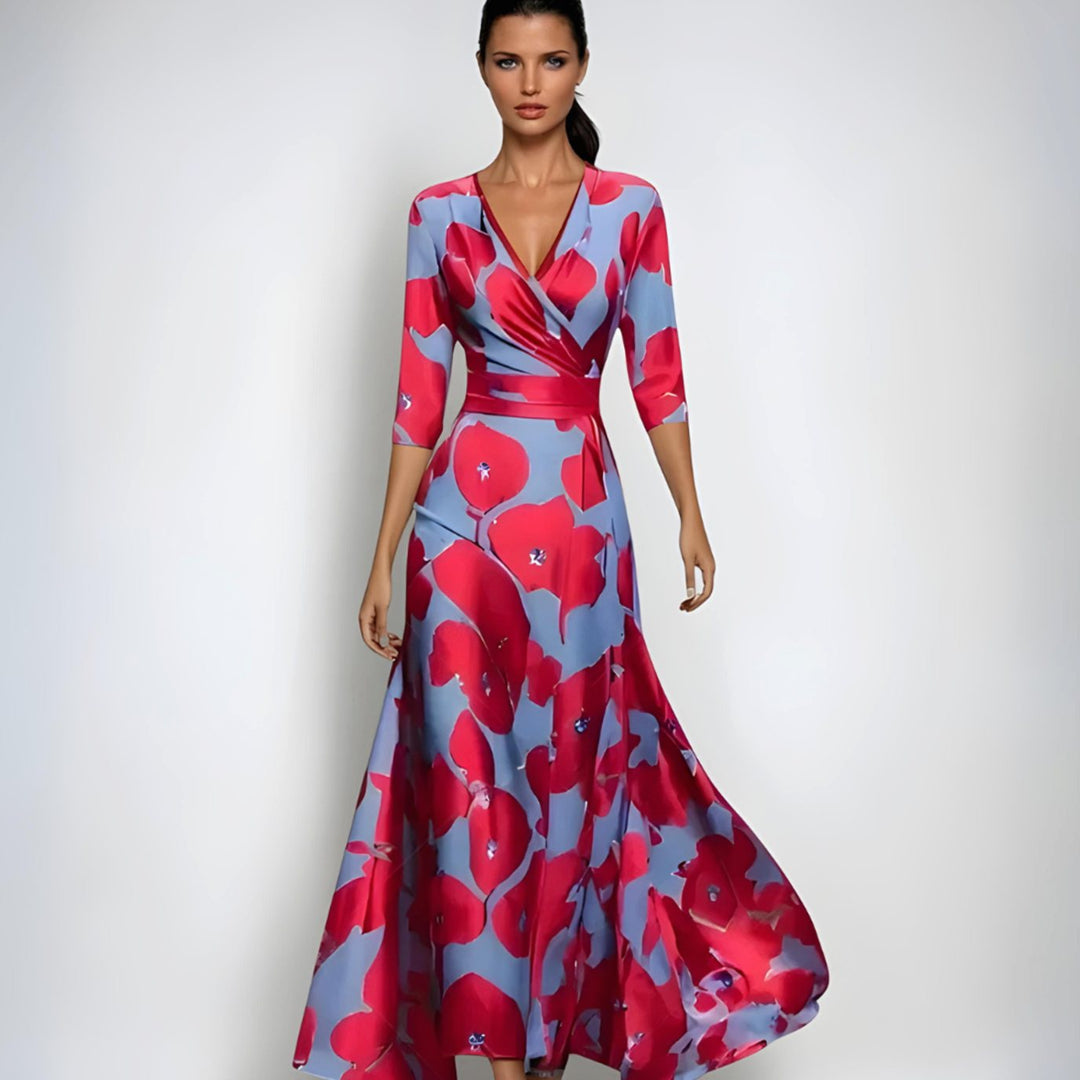 Women's Elegant V-Neck Wrap Floral Dress Maxi A-Line