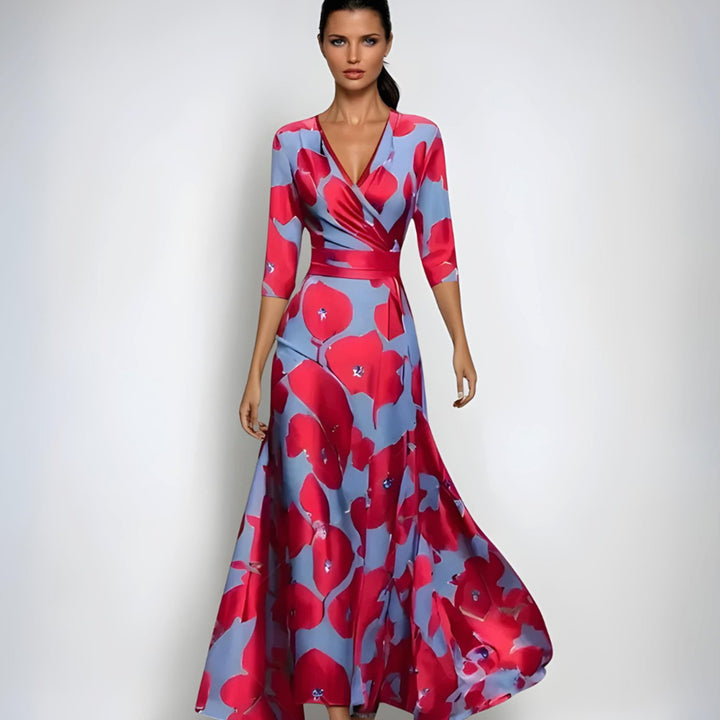 Women's Elegant V-Neck Wrap Floral Dress Maxi A-Line