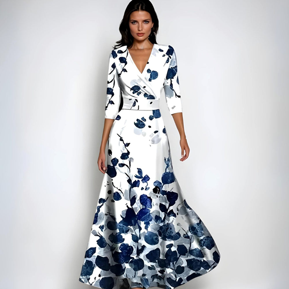 Women's Elegant V-Neck Wrap Floral Dress Maxi A-Line