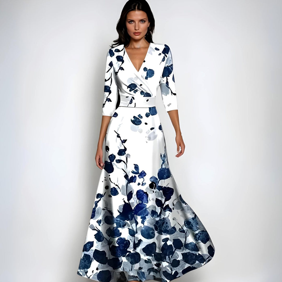 Women's Elegant V-Neck Wrap Floral Dress Maxi A-Line