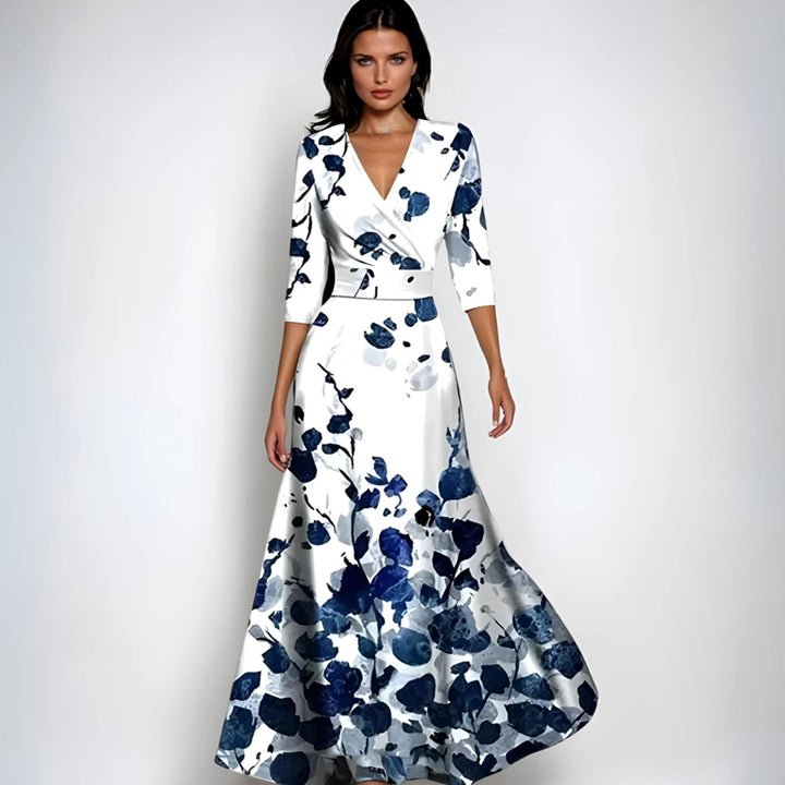 Women's Elegant V-Neck Wrap Floral Dress Maxi A-Line