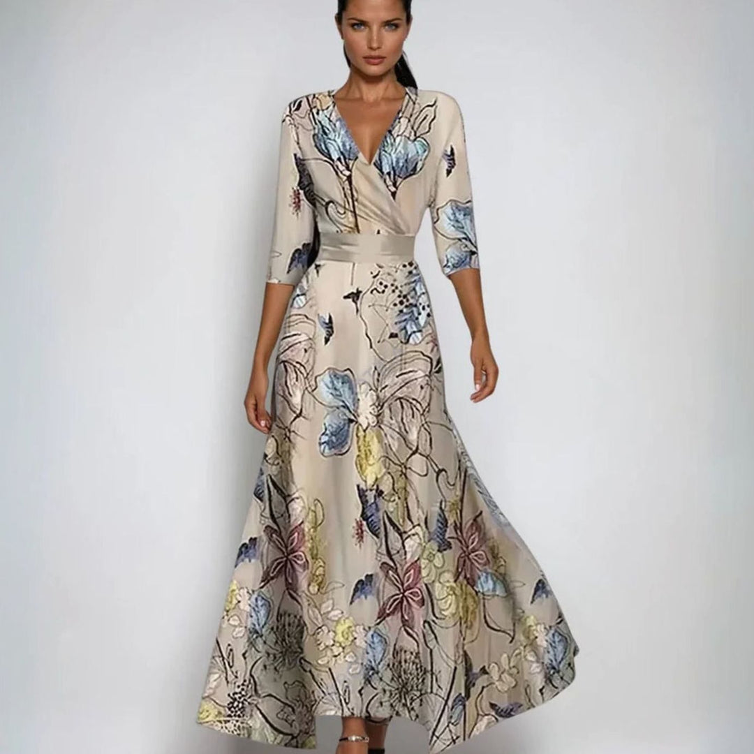 Women's Elegant V-Neck Wrap Floral Dress Maxi A-Line