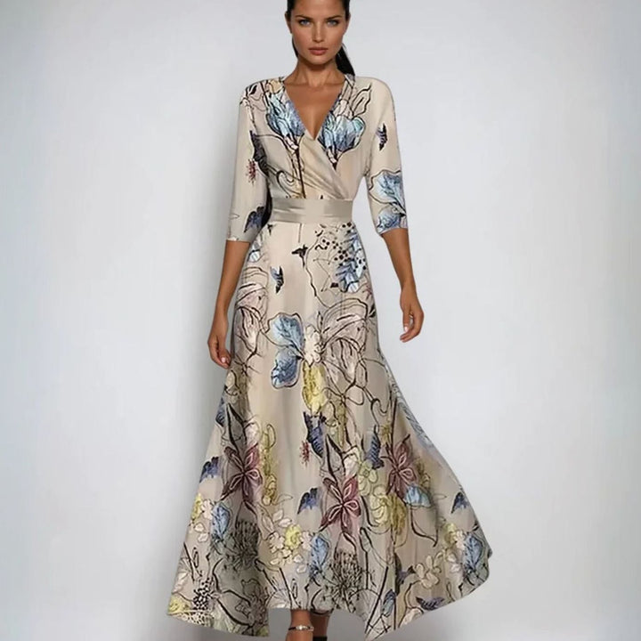 Women's Elegant V-Neck Wrap Floral Dress Maxi A-Line