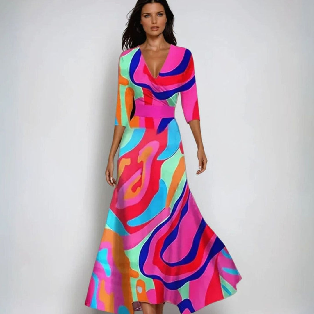Women's Elegant V-Neck Wrap Floral Dress Maxi A-Line