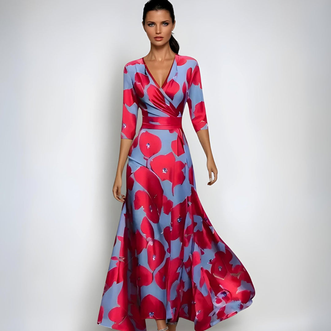 Women's Elegant V-Neck Wrap Floral Dress Maxi A-Line - Red/Blue