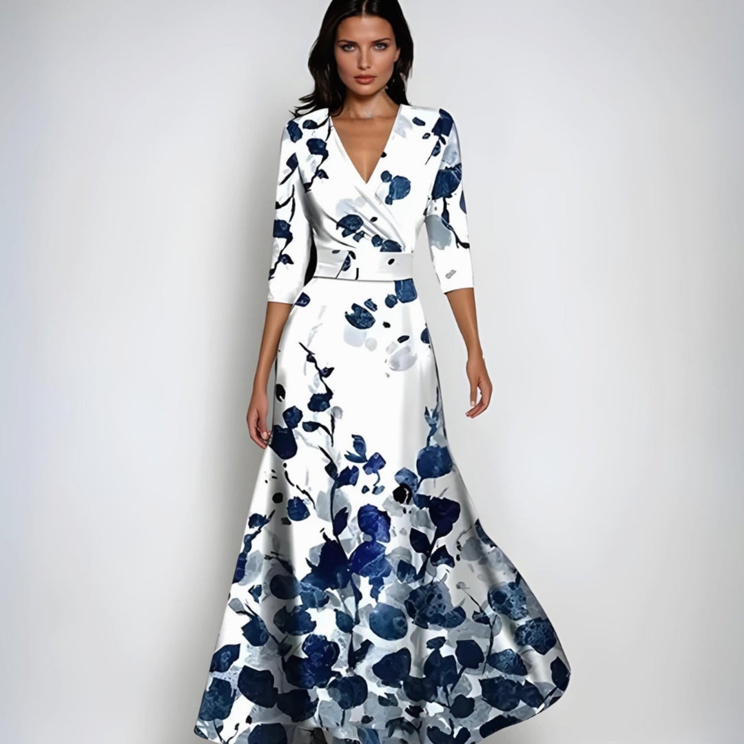 Women's Elegant V-Neck Wrap Floral Dress Maxi A-Line - White/Blue