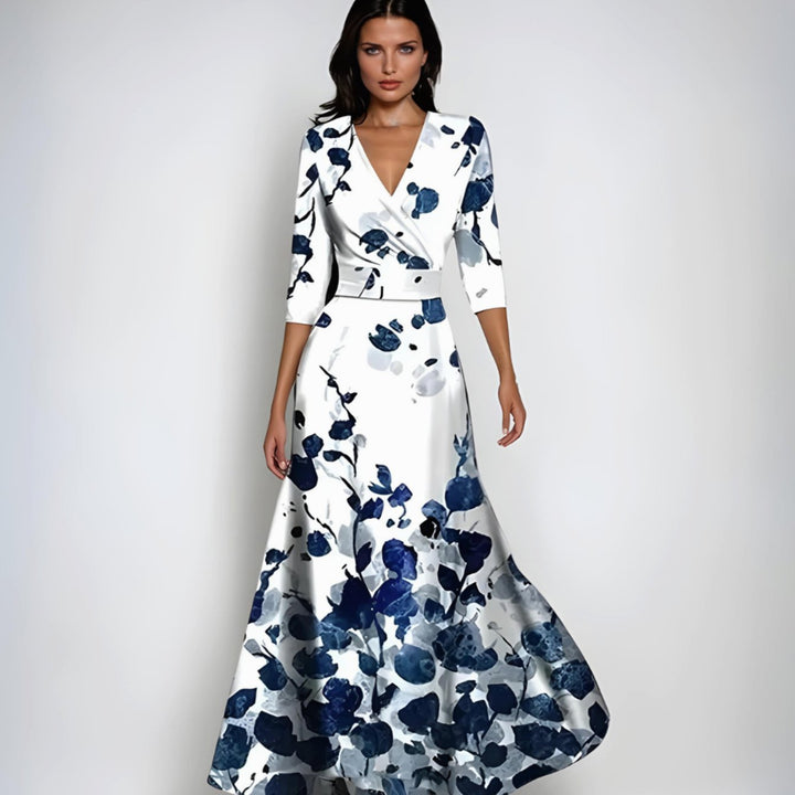 Women's Elegant V-Neck Wrap Floral Dress Maxi A-Line - White/Blue