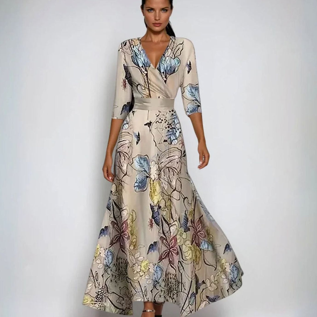 Women's Elegant V-Neck Wrap Floral Dress Maxi A-Line - Sand/Beige