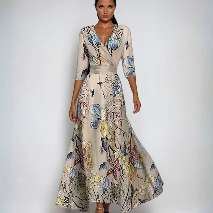 Women's Elegant V-Neck Wrap Floral Dress Maxi A-Line - Sand/Beige