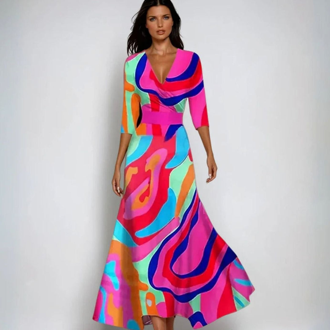 Women's Elegant V-Neck Wrap Floral Dress Maxi A-Line - Multicolour