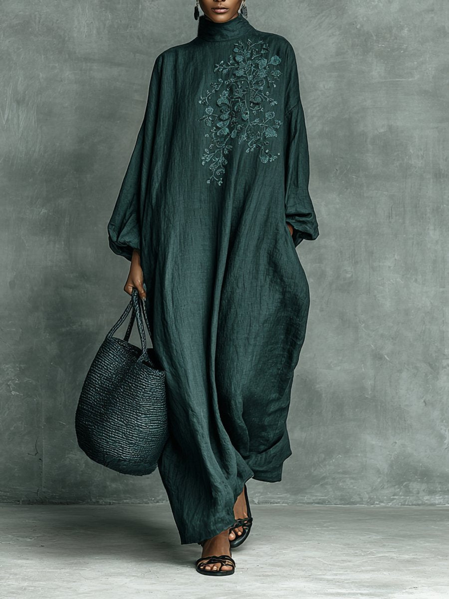 Women's Embroidered High-Neck Flowy Linen Long Sleeve Maxi Dress