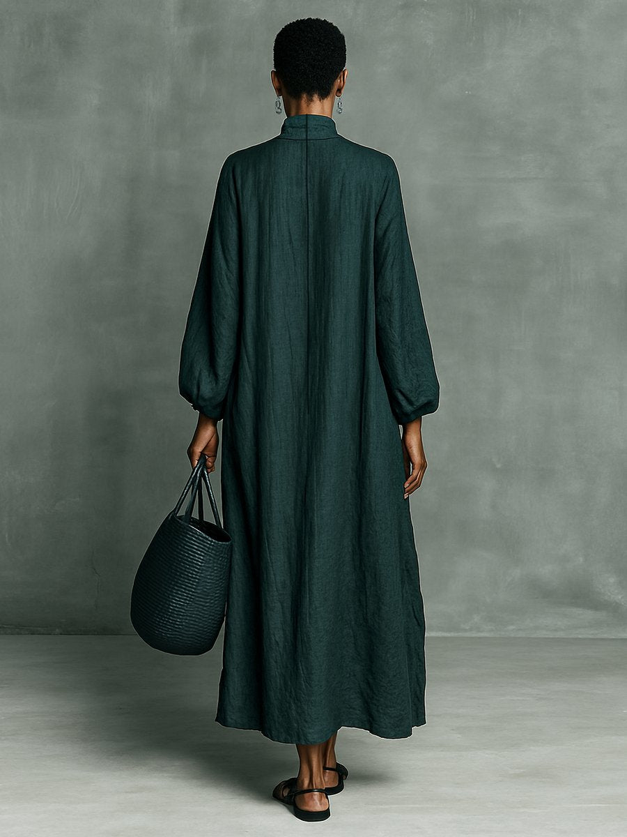Women's Embroidered High-Neck Flowy Linen Long Sleeve Maxi Dress