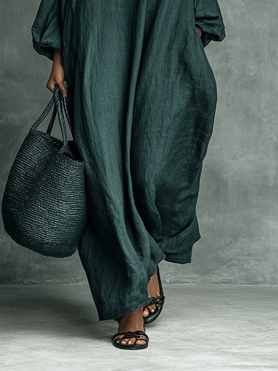 Women's Embroidered High-Neck Flowy Linen Long Sleeve Maxi Dress