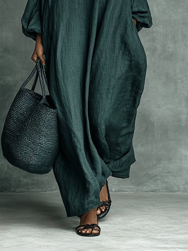 Women's Embroidered High-Neck Flowy Linen Long Sleeve Maxi Dress
