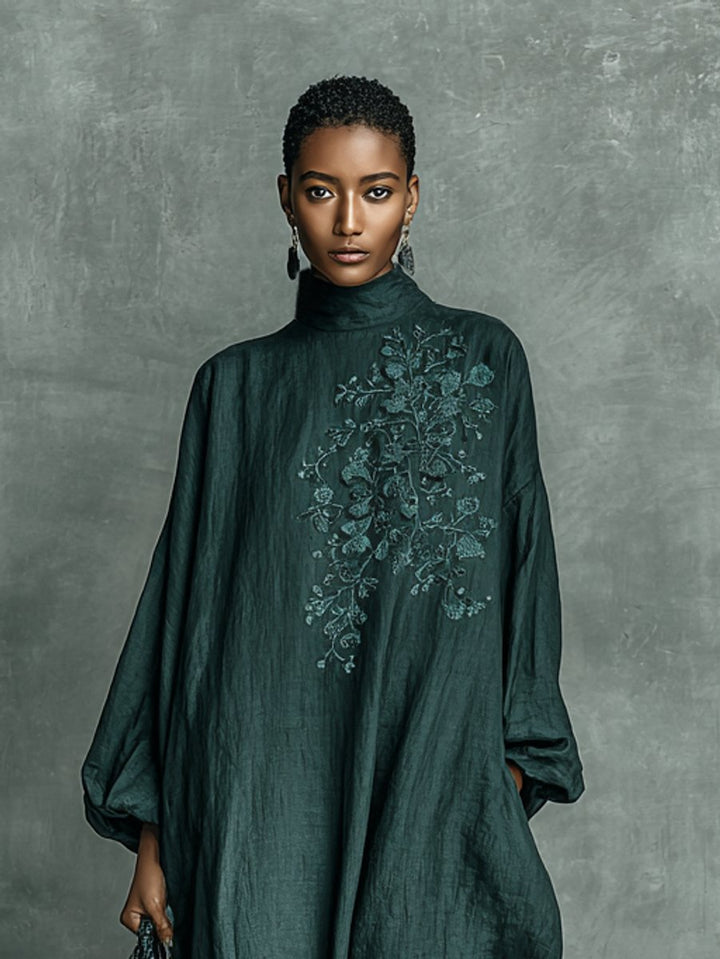 Women's Embroidered High-Neck Flowy Linen Long Sleeve Maxi Dress