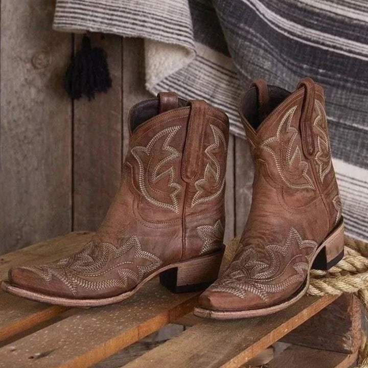 Women's Embroidered Western Cowboy Ankle Boots Block Heel - Brown
