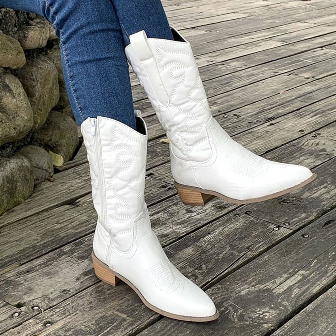 Women's Embroidered Western Cowboy Ankle Boots Block Heel - White