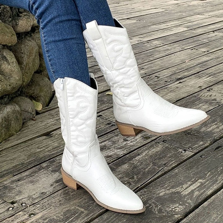 Women's Embroidered Western Cowboy Ankle Boots Block Heel - White