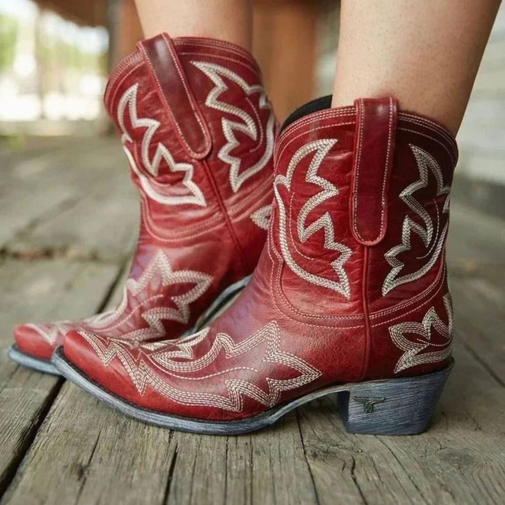 Women's Embroidered Western Cowboy Ankle Boots Block Heel - Red