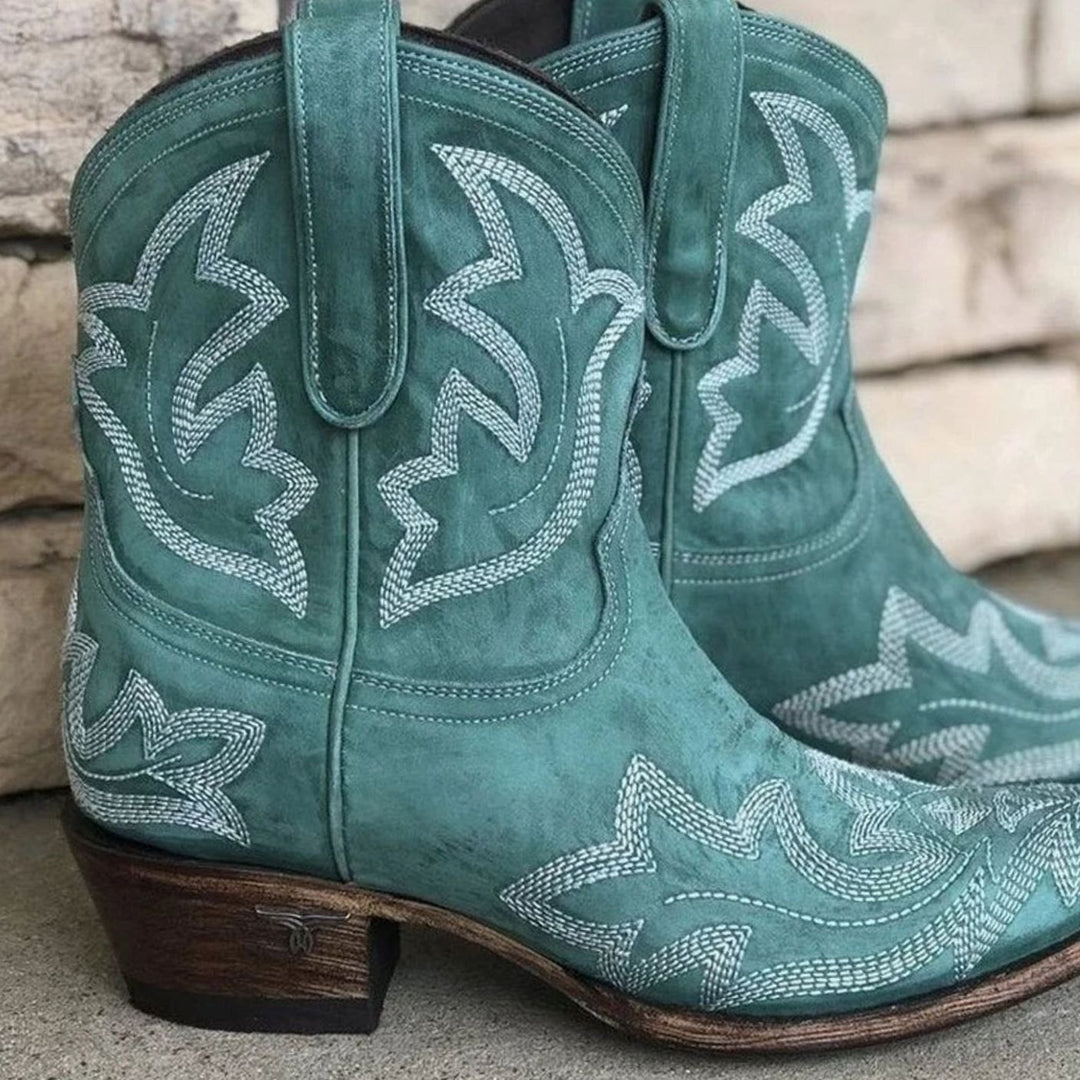Women's Embroidered Western Cowboy Ankle Boots Block Heel - Green