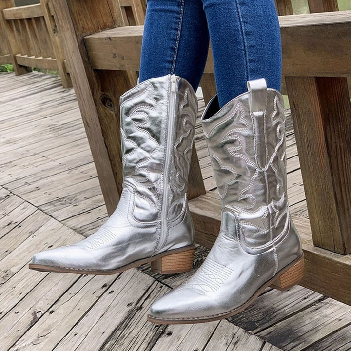 Women's Embroidered Western Cowboy Ankle Boots Block Heel - Silver