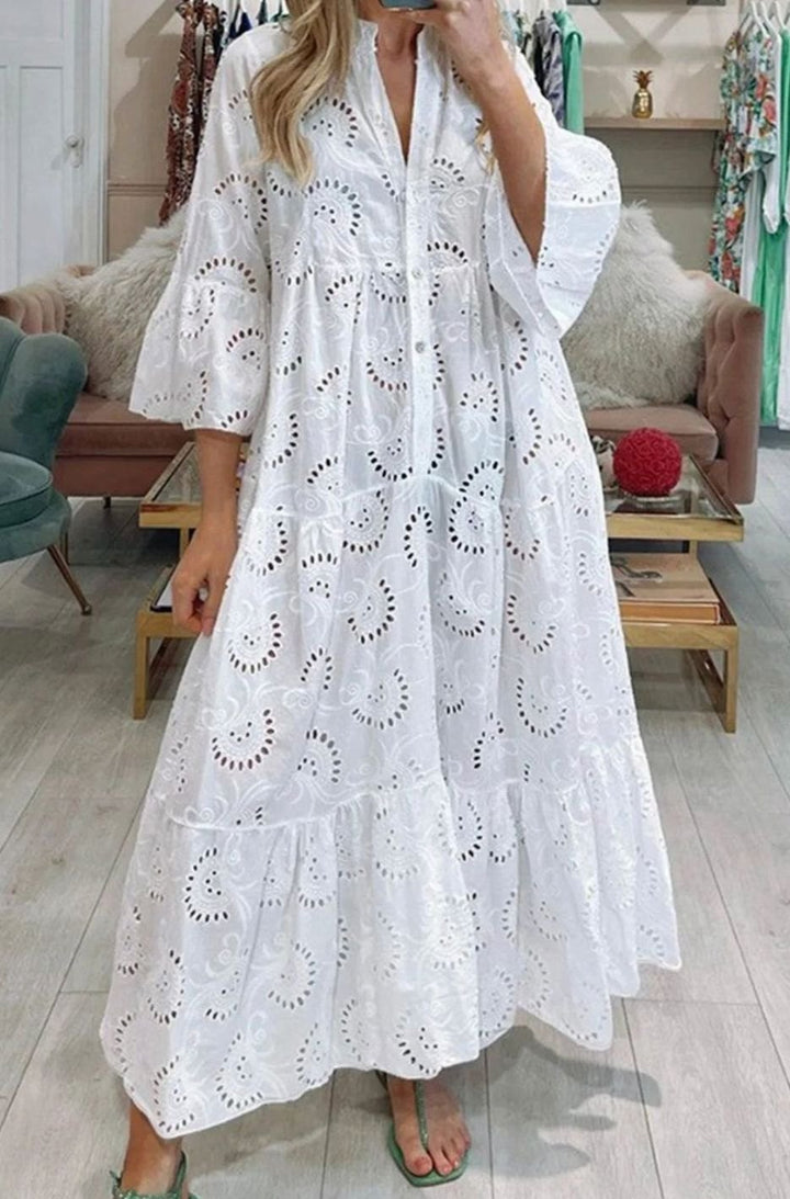 Women's Eyelet Embroidered Tiered Maxi Dress V-Neck 3/4 Sleeve - White