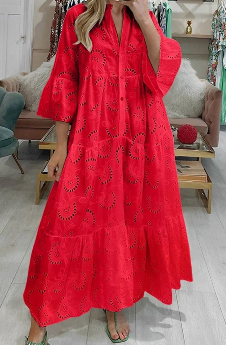 Women's Eyelet Embroidered Tiered Maxi Dress V-Neck 3/4 Sleeve - Red