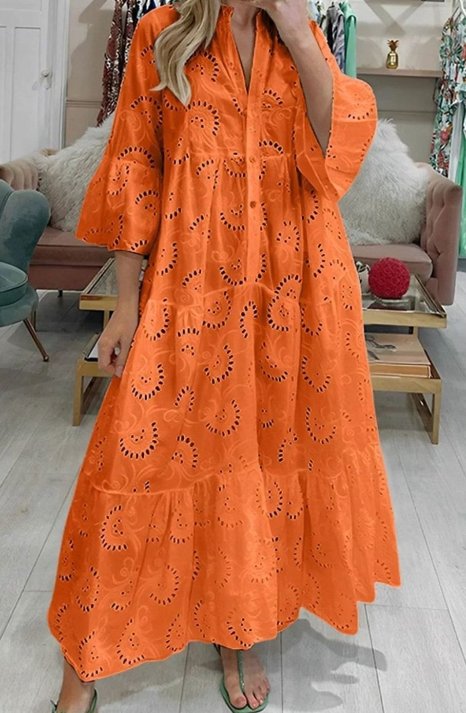 Women's Eyelet Embroidered Tiered Maxi Dress V-Neck 3/4 Sleeve - Orange