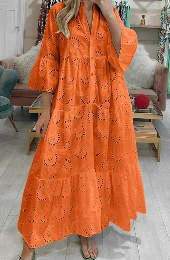 Women's Eyelet Embroidered Tiered Maxi Dress V-Neck 3/4 Sleeve - Orange