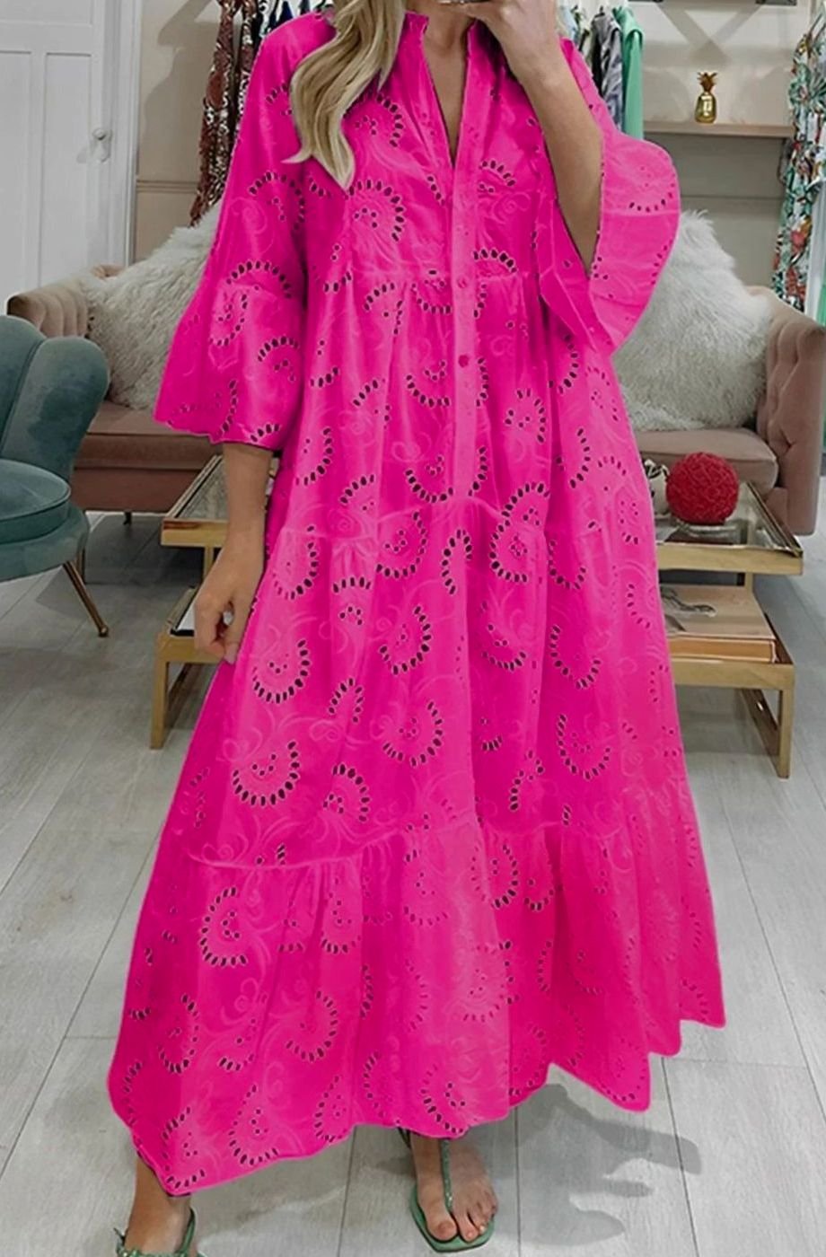 Women's Eyelet Embroidered Tiered Maxi Dress V-Neck 3/4 Sleeve - Pink