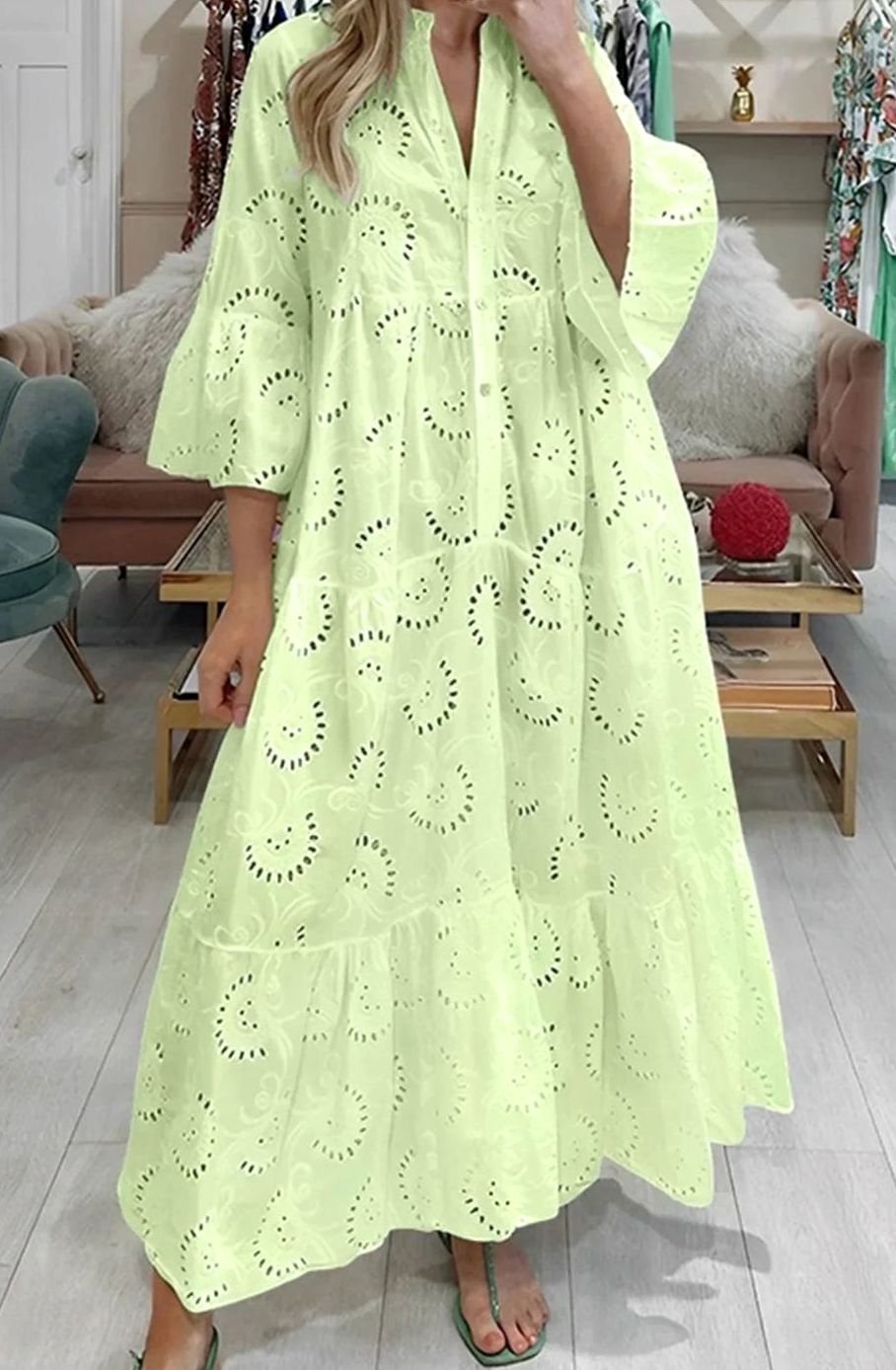 Women's Eyelet Embroidered Tiered Maxi Dress V-Neck 3/4 Sleeve - Yellow