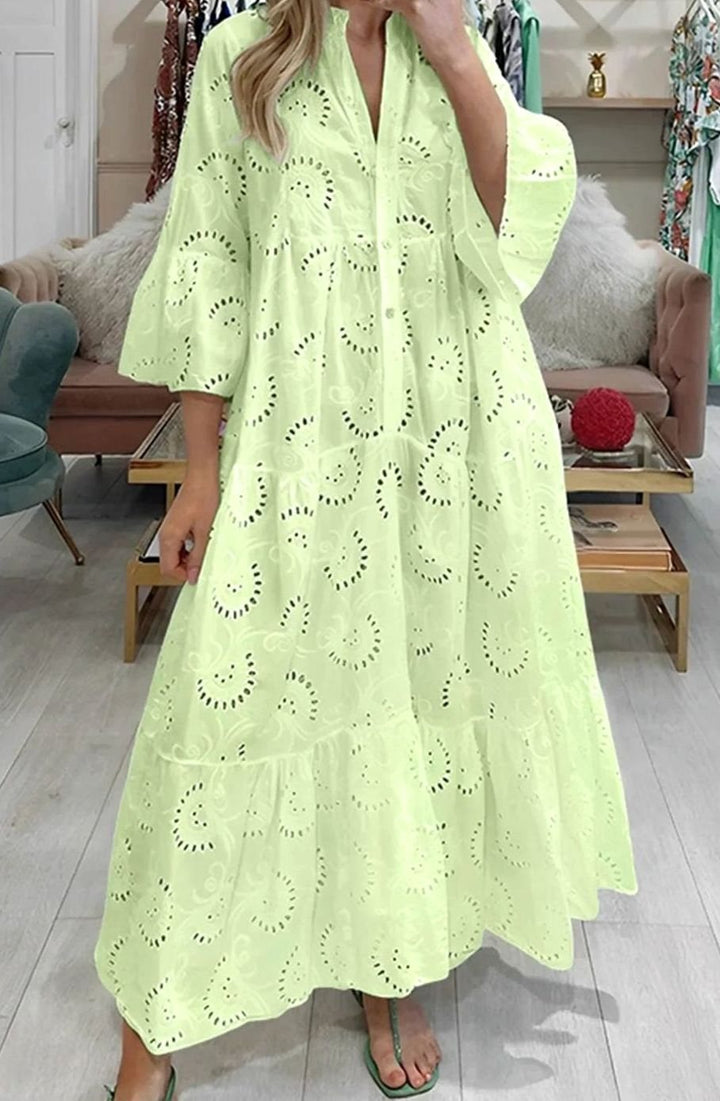 Women's Eyelet Embroidered Tiered Maxi Dress V-Neck 3/4 Sleeve - Yellow