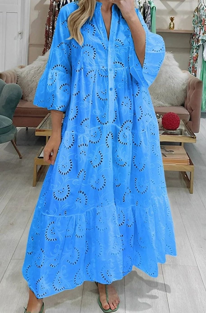 Women's Eyelet Embroidered Tiered Maxi Dress V-Neck 3/4 Sleeve - Blue