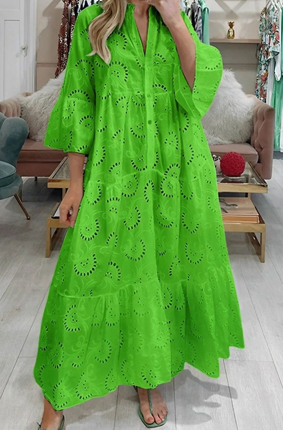 Women's Eyelet Embroidered Tiered Maxi Dress V-Neck 3/4 Sleeve - Green