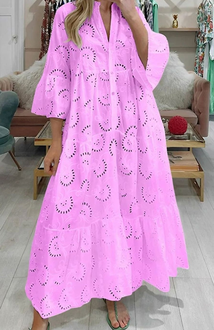 Women's Eyelet Embroidered Tiered Maxi Dress V-Neck 3/4 Sleeve - Light Pink