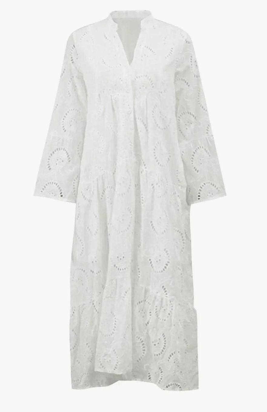 Women's Eyelet Embroidered Tiered Maxi Dress V-Neck 3/4 Sleeve