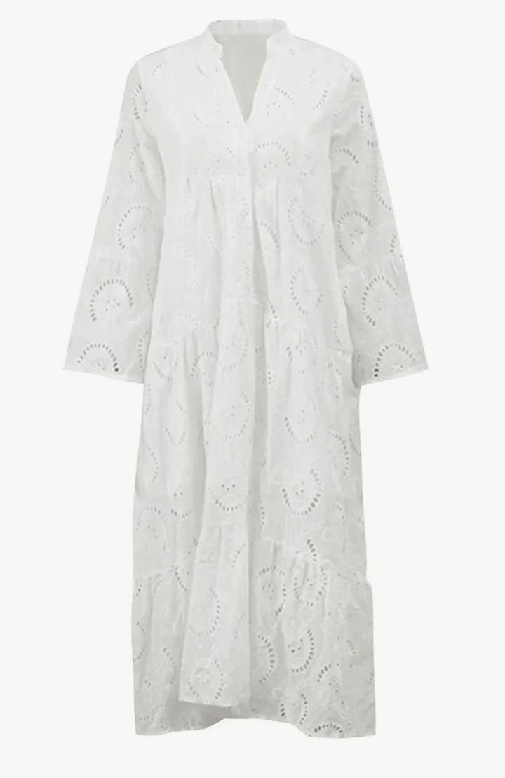 Women's Eyelet Embroidered Tiered Maxi Dress V-Neck 3/4 Sleeve