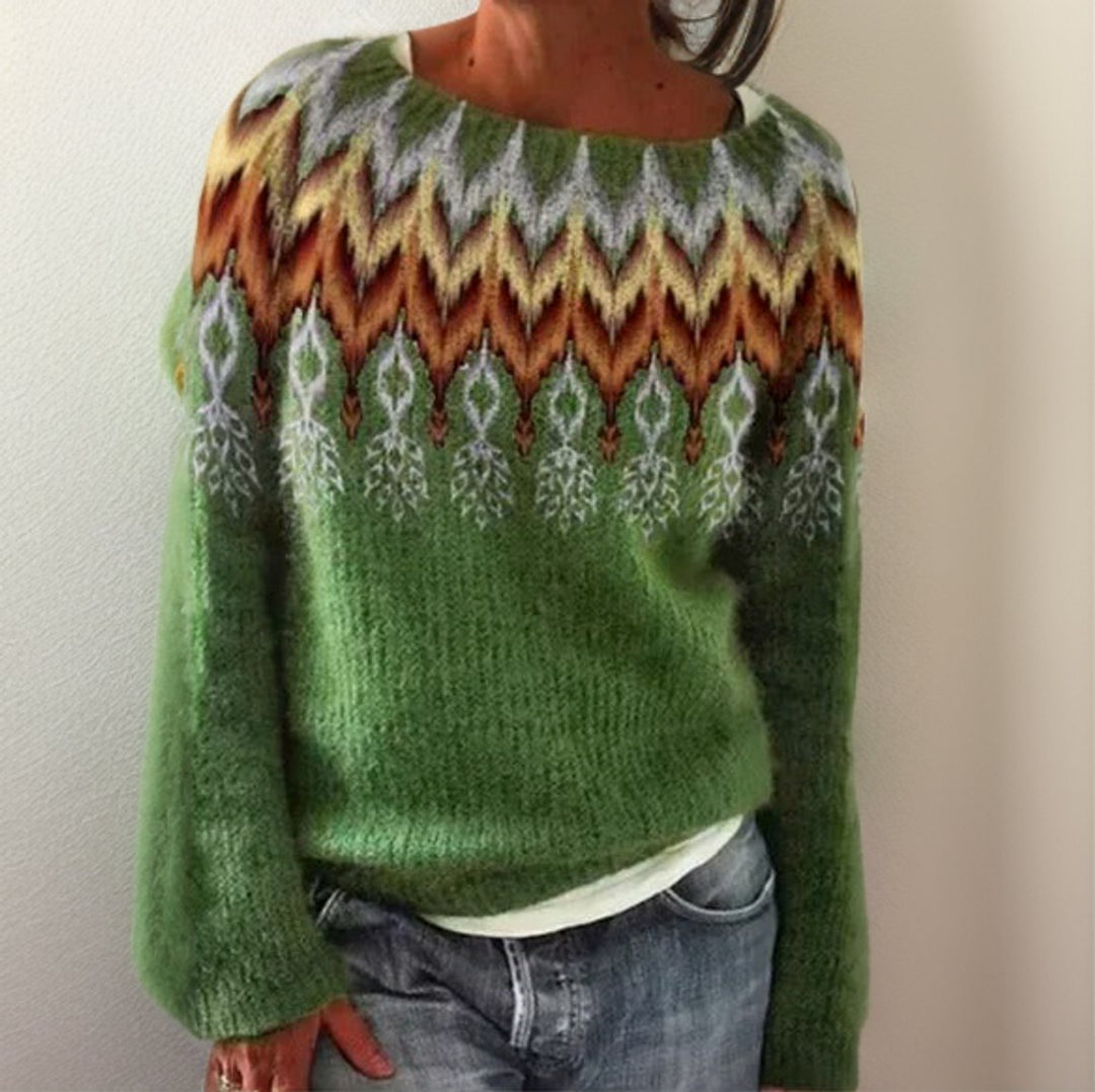 Women's Fair Isle Knit Sweater Slouchy Icelandic Pullover