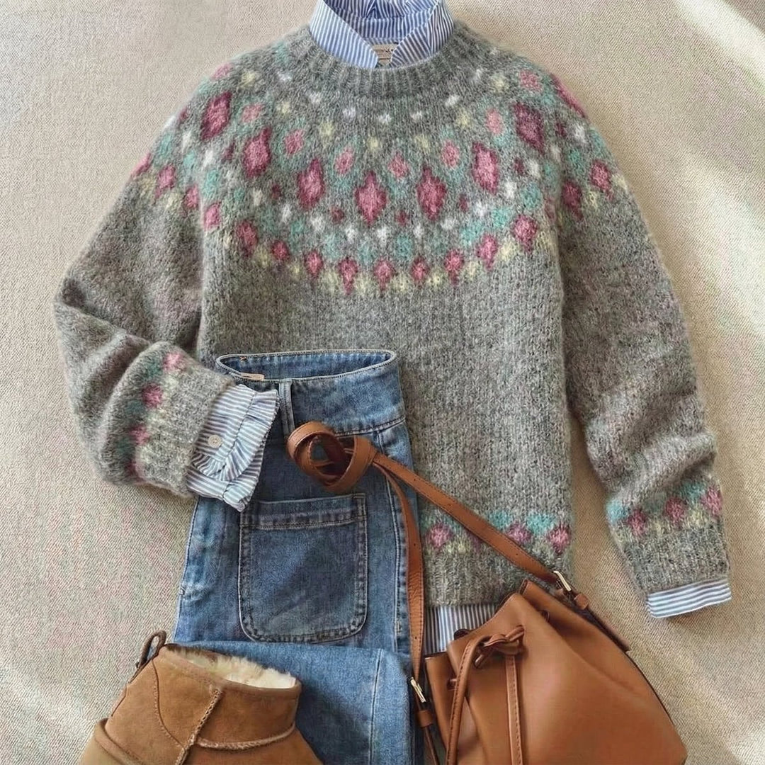 Women's Fair Isle Nordic Knit Sweater Relaxed Fluffy Pullover - Soft Grey Pastel