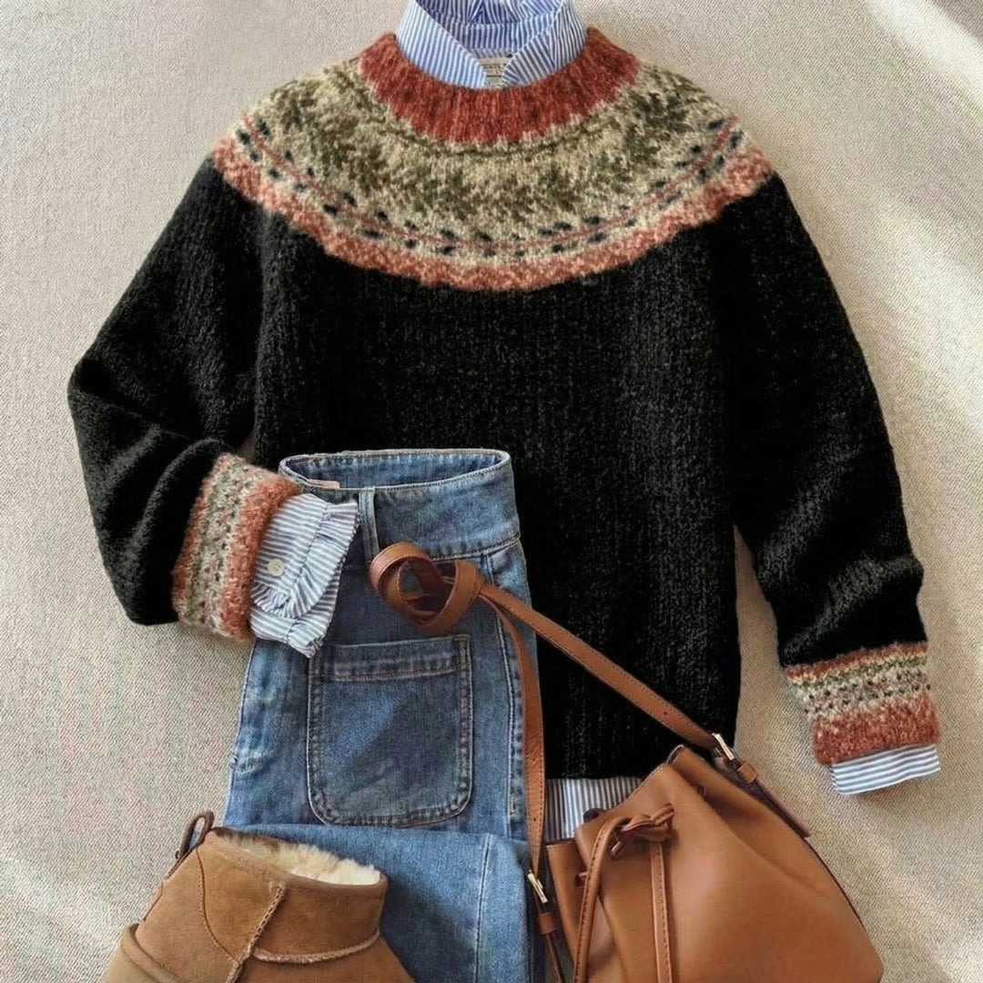 Women's Fair Isle Nordic Knit Sweater Relaxed Fluffy Pullover - Black Heritage