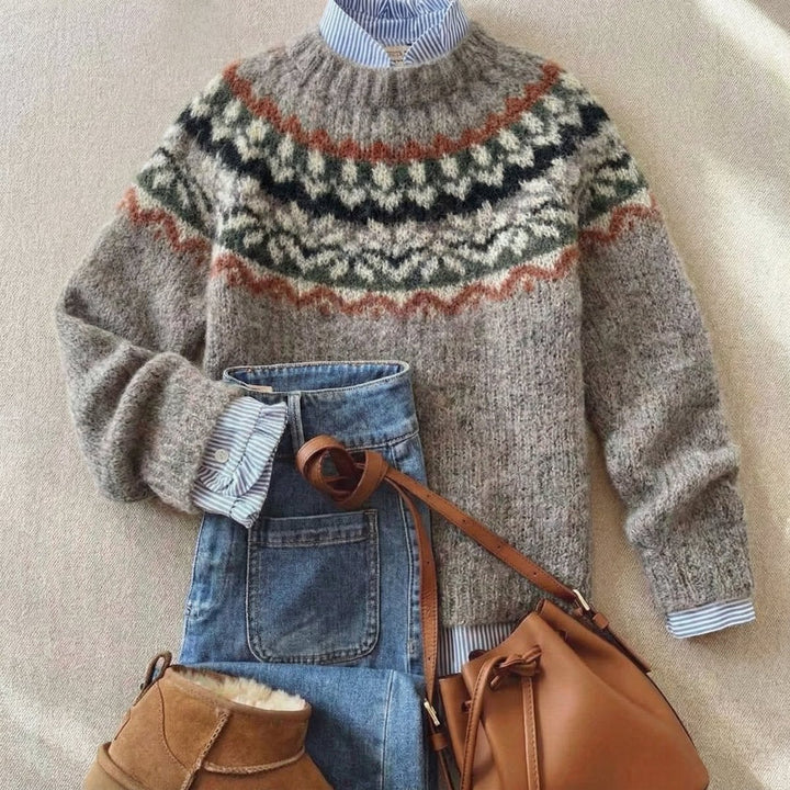 Women's Fair Isle Nordic Knit Sweater Relaxed Fluffy Pullover - Light Ash Mix