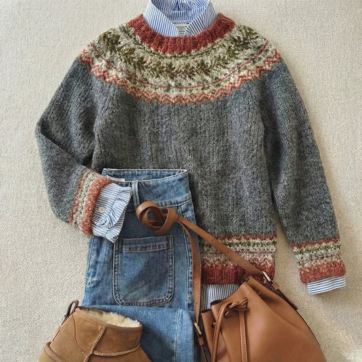 Women's Fair Isle Nordic Knit Sweater Relaxed Fluffy Pullover - Stone Grey Mix