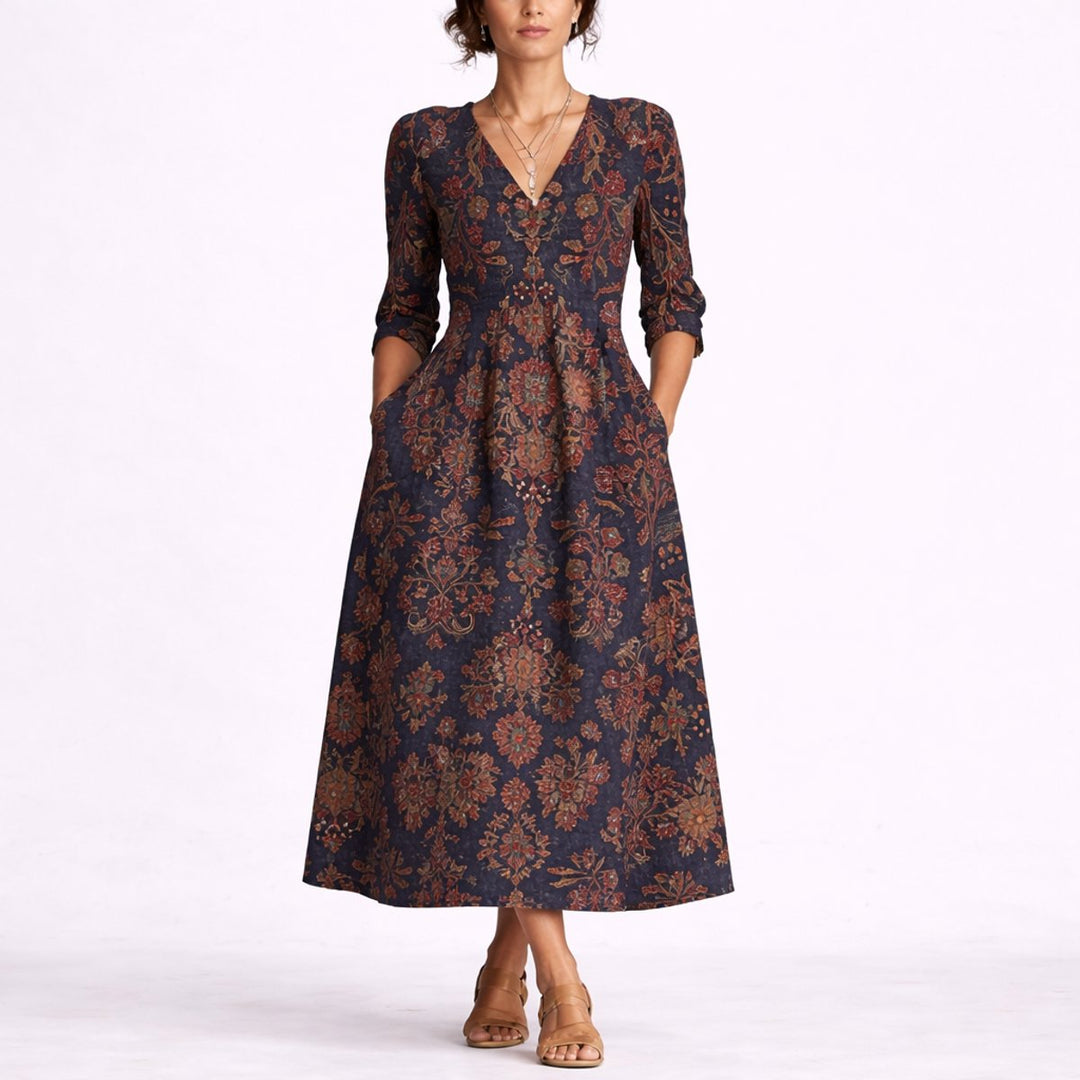 Women's Fall Wedding Guest Dress Floral Linen Midi V-Neck - Multicolour