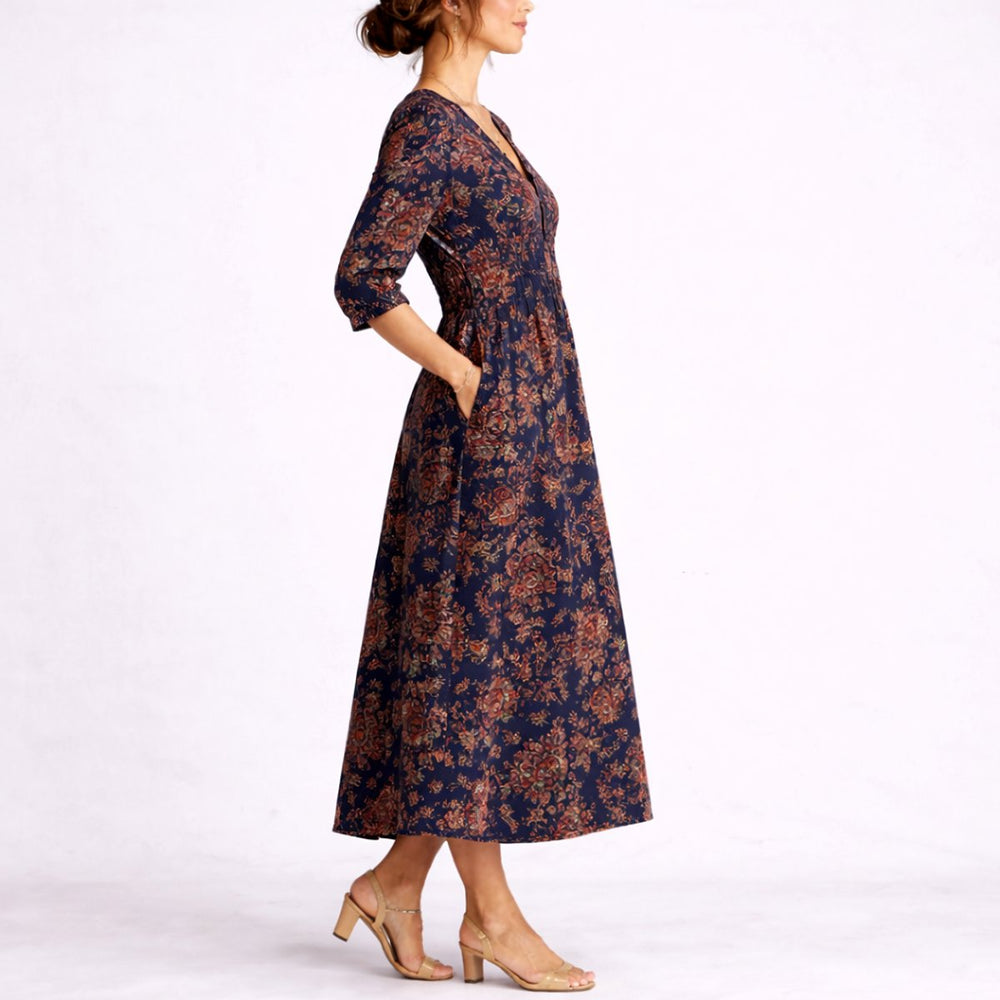 Women's Fall Wedding Guest Dress Floral Linen Midi V-Neck