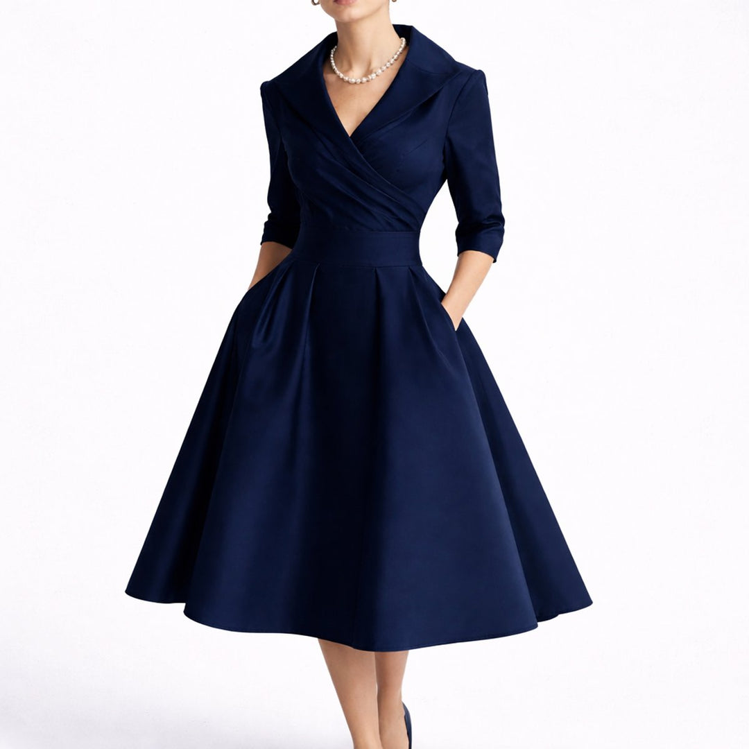 Women's Fall Wedding Guest Dresses A-Line V-Neck Midi Dress - Navy