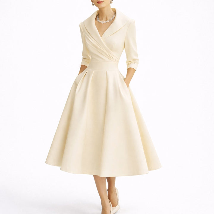 Women's Fall Wedding Guest Dresses A-Line V-Neck Midi Dress - White