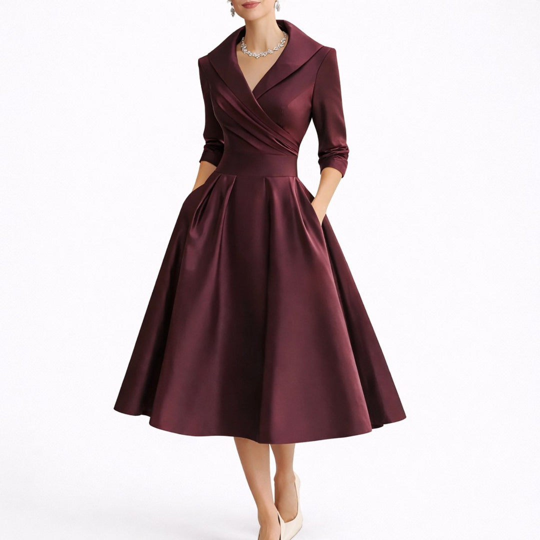 Women's Fall Wedding Guest Dresses A-Line V-Neck Midi Dress - Red