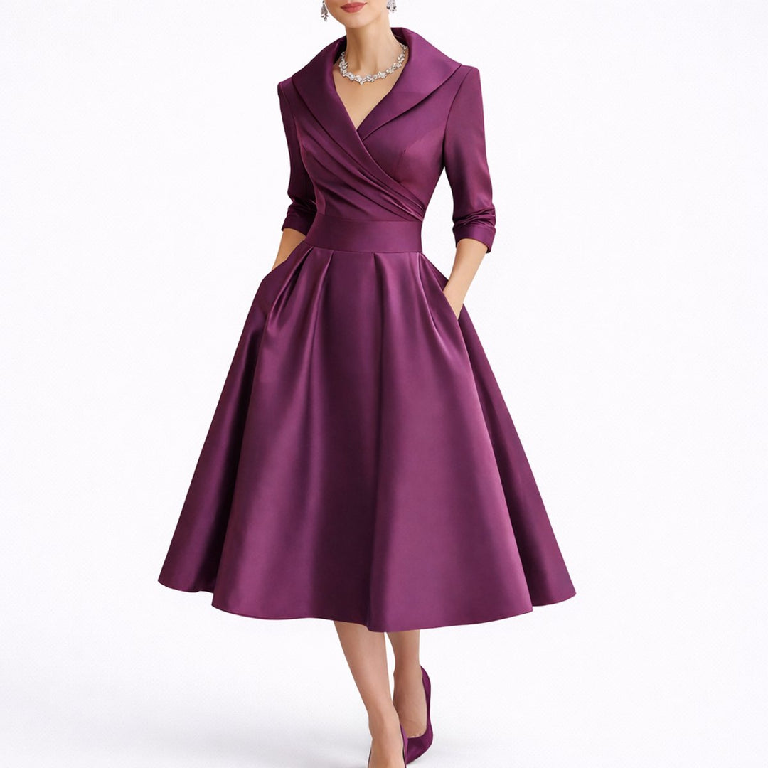 Women's Fall Wedding Guest Dresses A-Line V-Neck Midi Dress - Purple
