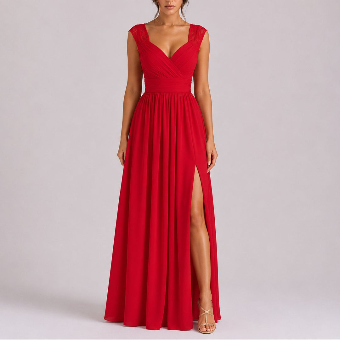 Women's Fall Wedding Guest Dresses Lace Shoulder Chiffon Maxi Gown - Red